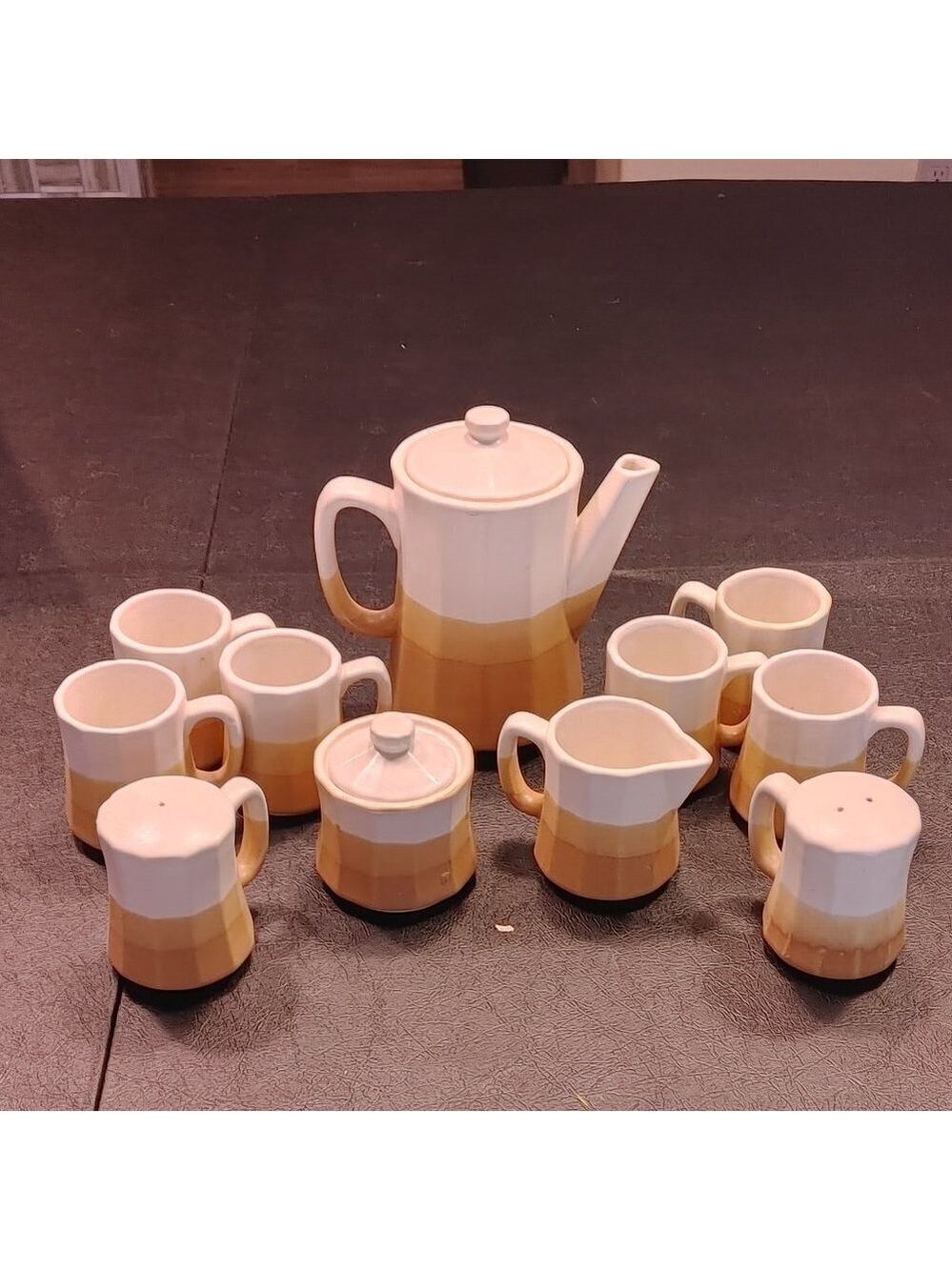 Vintage Retro 1970s Brown, Tan & White Ceramic Coffee Set – Complete Service for